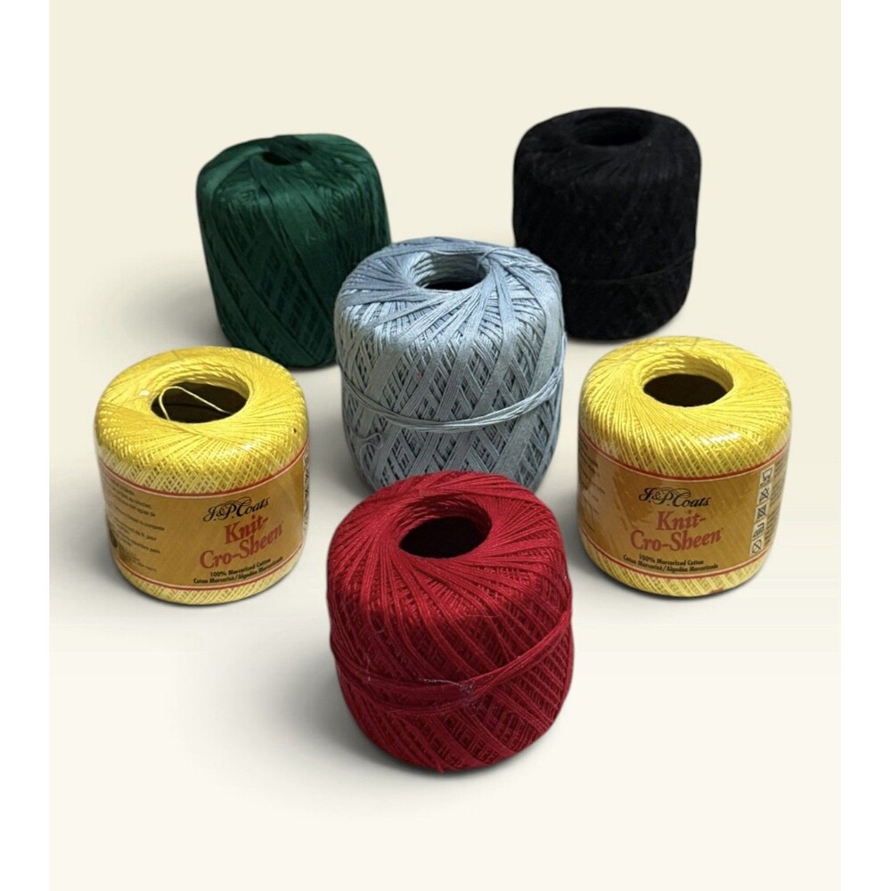 J&P Coats Knit-Cro-Sheen Crochet Thread Lot 6 Spools Yellow Red Green Black Blue